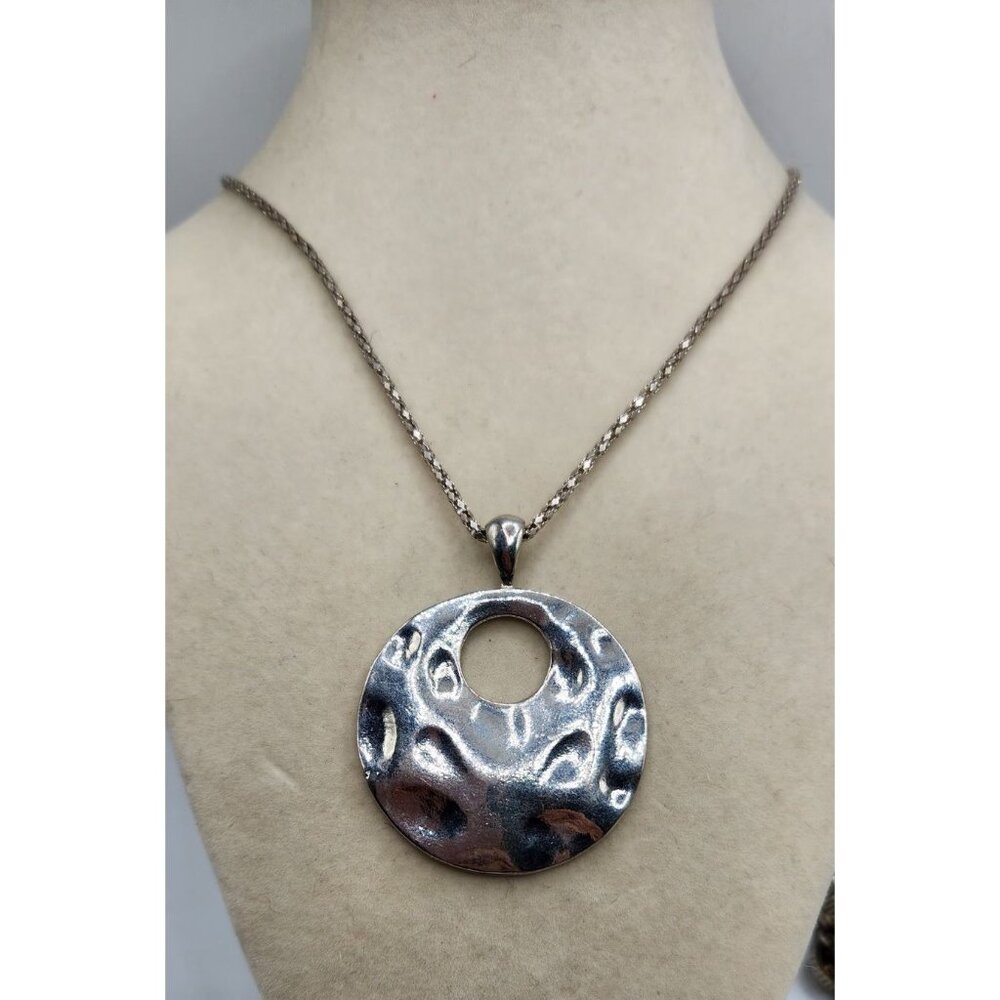 Silver Tone Circle Pendant With Hammered Look